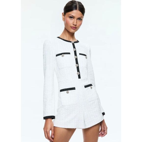 Alice + Olivia Shiloh Romper Long Sleeve White Black Metallic Festive Tweed 10 - Picture 1 of 11